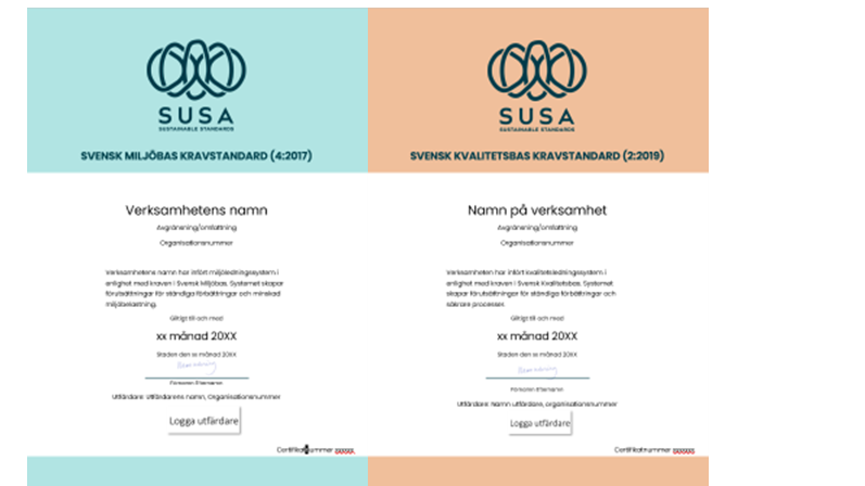 Ny utformning på diplom för Svensk Miljöbas och Svensk Kvalitetsbas