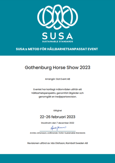 Gothenburg Horse Show 2023 senast ut att hållbarhetsdiplomera sitt event